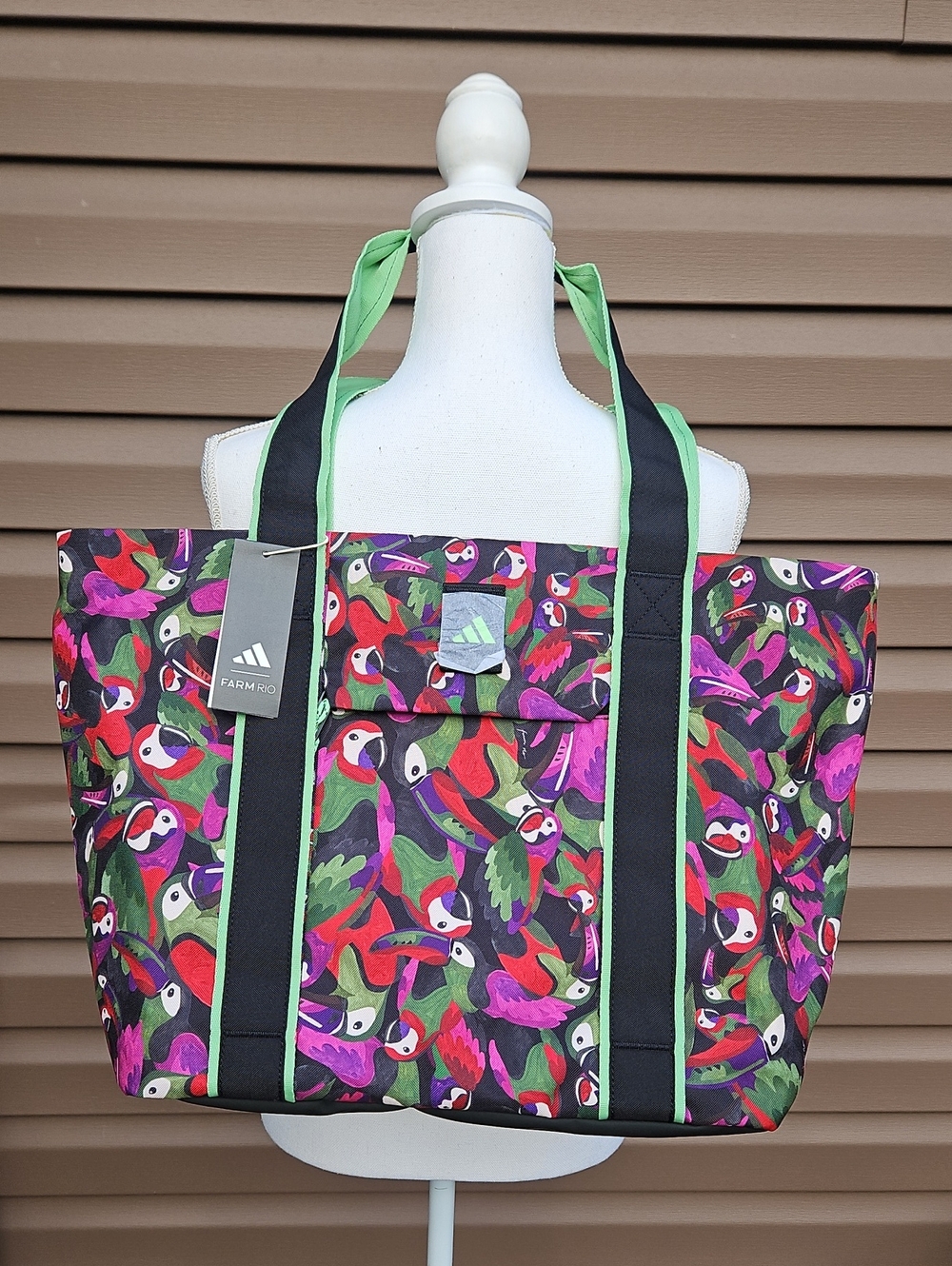 FARM RIO & ADIDAS Multicolor Parrot Print Tote with Black Straps and Green Trim